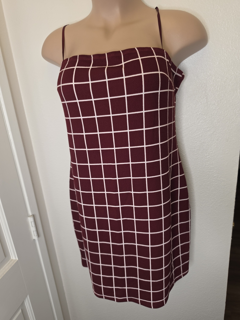 Maroon Grid Slip Dress with Spaghetti Straps